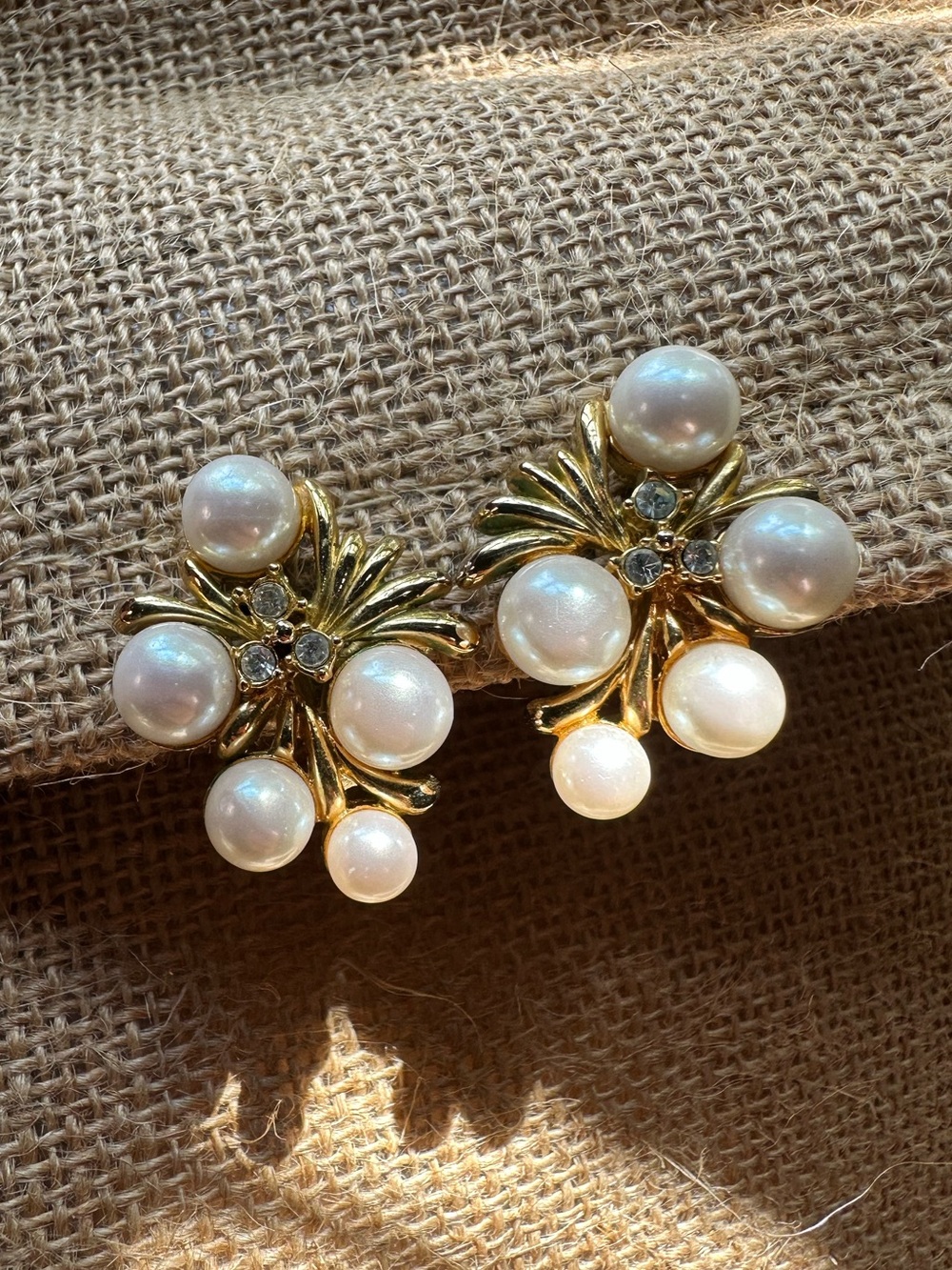 Vintage Midcentury Clip On Faux Pearl Rhinestone Cluster Earrings